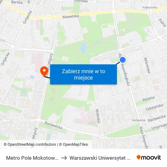 Metro Pole Mokotowskie 04 to Warszawski Uniwersytet Medyczny map