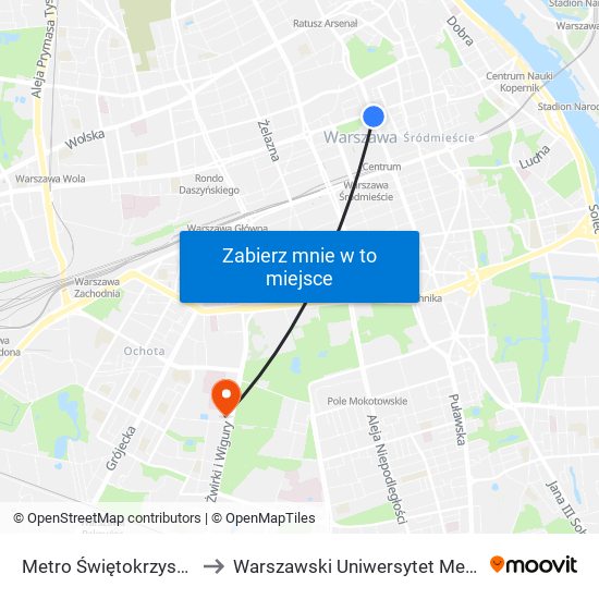 Metro Świętokrzyska 06 to Warszawski Uniwersytet Medyczny map