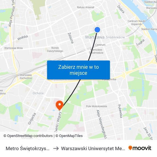 Metro Świętokrzyska 05 to Warszawski Uniwersytet Medyczny map