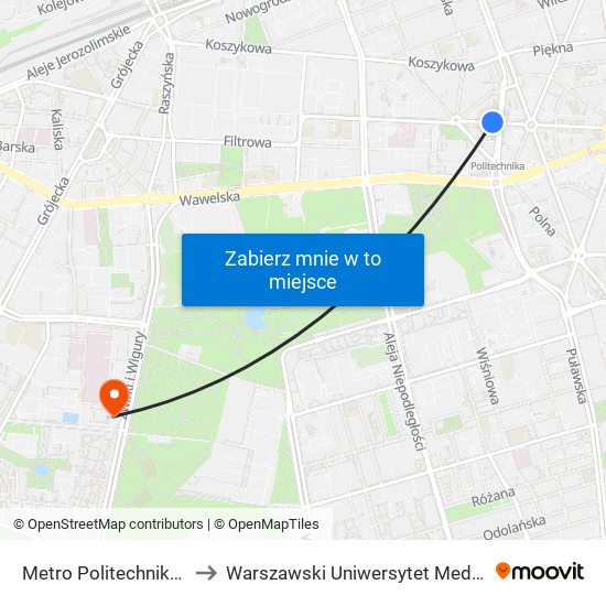 Metro Politechnika to Warszawski Uniwersytet Medyczny map