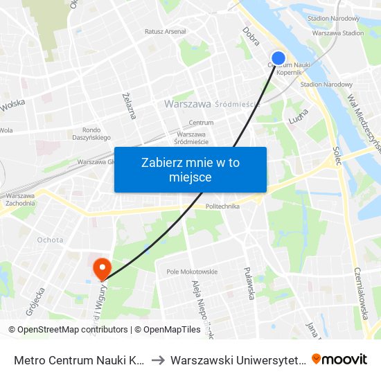 Metro Centrum Nauki Kopernik 04 to Warszawski Uniwersytet Medyczny map