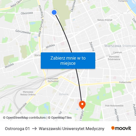 Ostroroga 01 to Warszawski Uniwersytet Medyczny map
