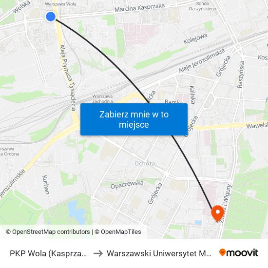 PKP Wola (Kasprzaka) to Warszawski Uniwersytet Medyczny map