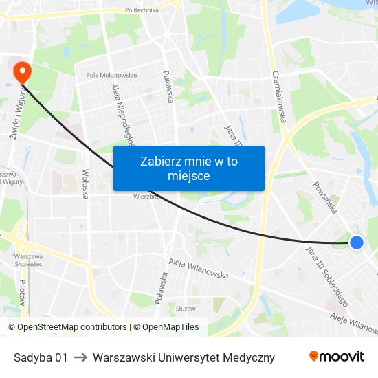 Sadyba 01 to Warszawski Uniwersytet Medyczny map