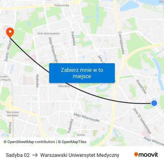 Sadyba 02 to Warszawski Uniwersytet Medyczny map