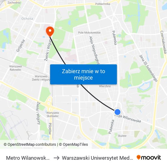 Metro Wilanowska to Warszawski Uniwersytet Medyczny map