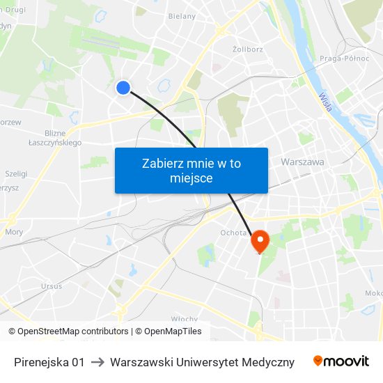 Pirenejska 01 to Warszawski Uniwersytet Medyczny map