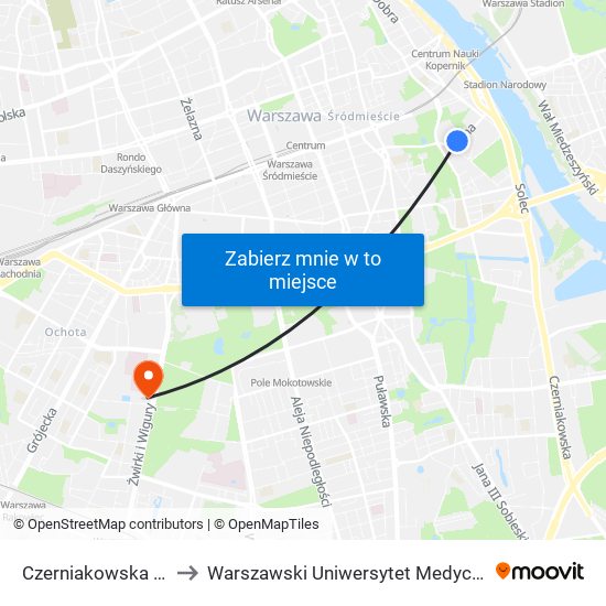 Czerniakowska to Warszawski Uniwersytet Medyczny map