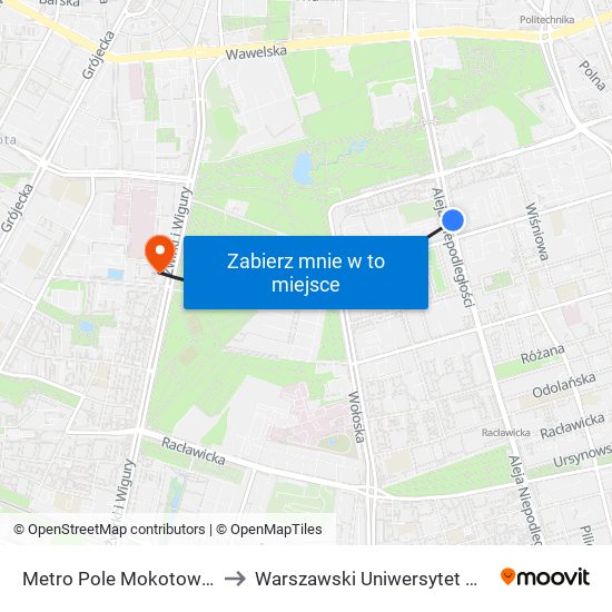 Metro Pole Mokotowskie to Warszawski Uniwersytet Medyczny map