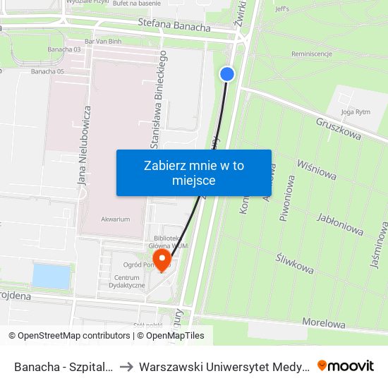 Banacha - Szpital 01 to Warszawski Uniwersytet Medyczny map