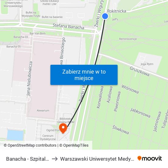 Banacha - Szpital 02 to Warszawski Uniwersytet Medyczny map