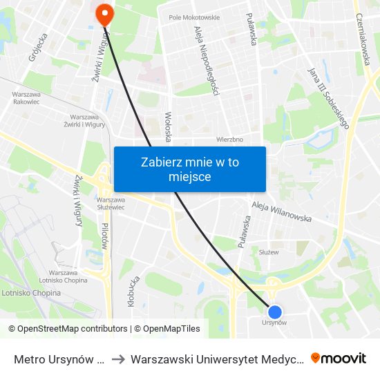 Metro Ursynów 02 to Warszawski Uniwersytet Medyczny map