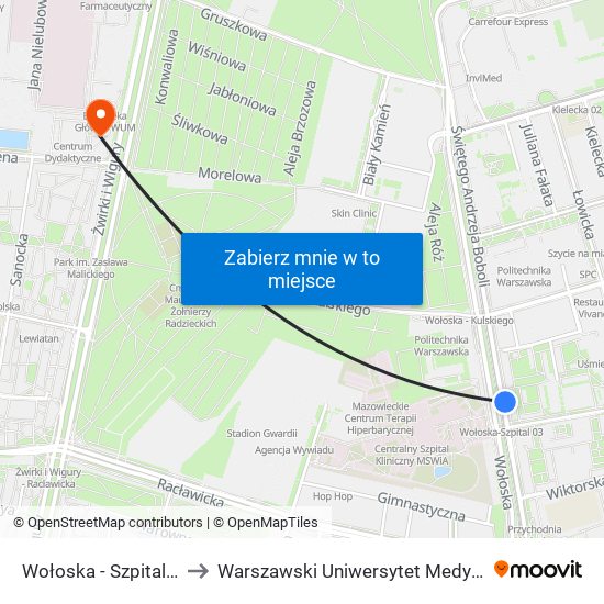 Wołoska - Szpital 02 to Warszawski Uniwersytet Medyczny map