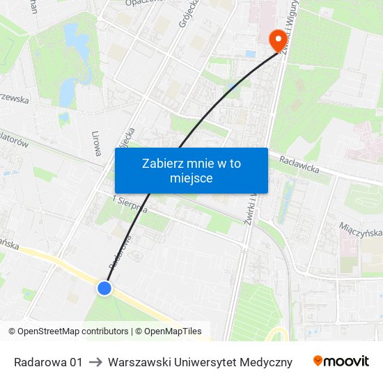 Radarowa to Warszawski Uniwersytet Medyczny map