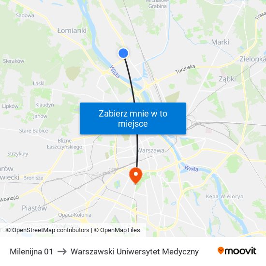 Milenijna 01 to Warszawski Uniwersytet Medyczny map