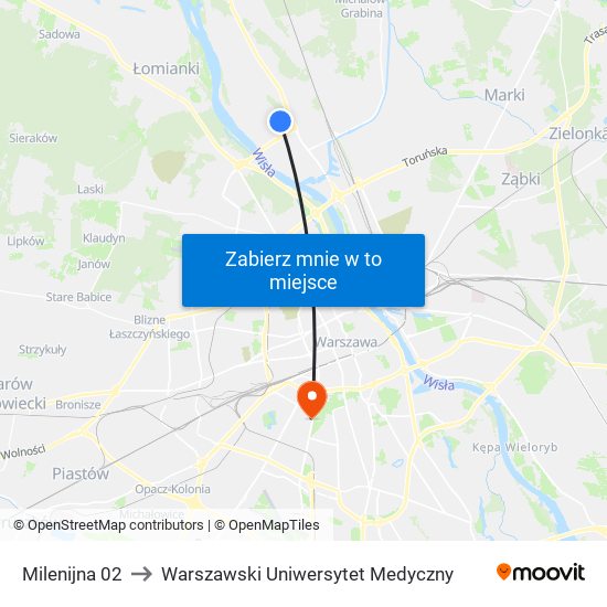 Milenijna 02 to Warszawski Uniwersytet Medyczny map