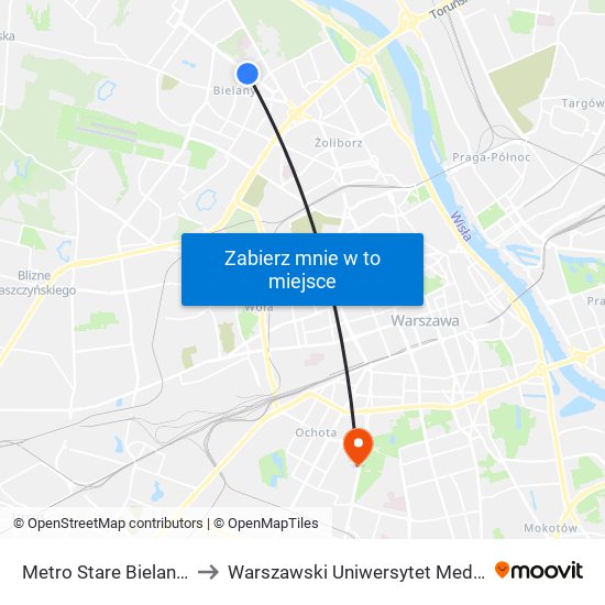 Metro Stare Bielany to Warszawski Uniwersytet Medyczny map