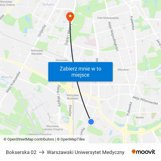 Bokserska to Warszawski Uniwersytet Medyczny map
