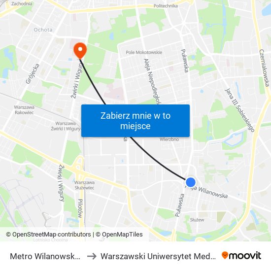 Metro Wilanowska 15 to Warszawski Uniwersytet Medyczny map