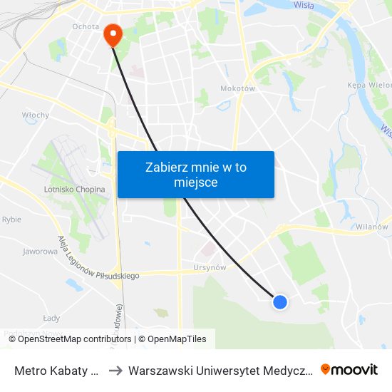 Metro Kabaty 02 to Warszawski Uniwersytet Medyczny map