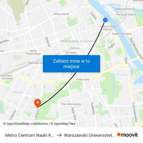 Metro Centrum Nauki Kopernik 02 to Warszawski Uniwersytet Medyczny map