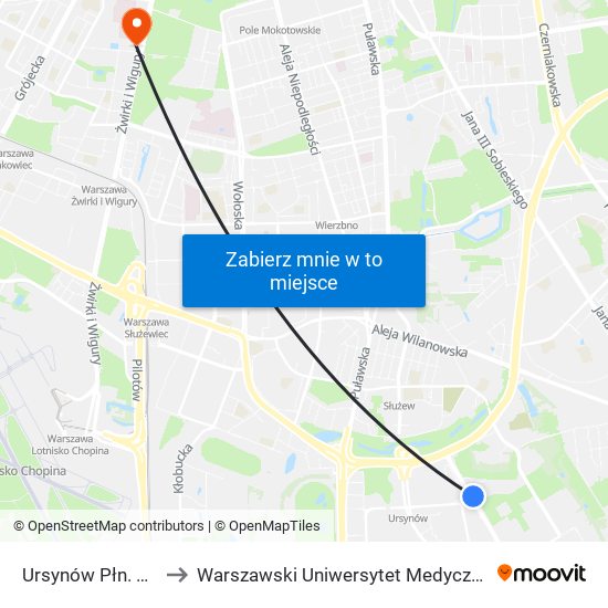 Ursynów Płn. 02 to Warszawski Uniwersytet Medyczny map