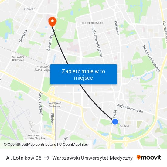 Al. Lotników 05 to Warszawski Uniwersytet Medyczny map