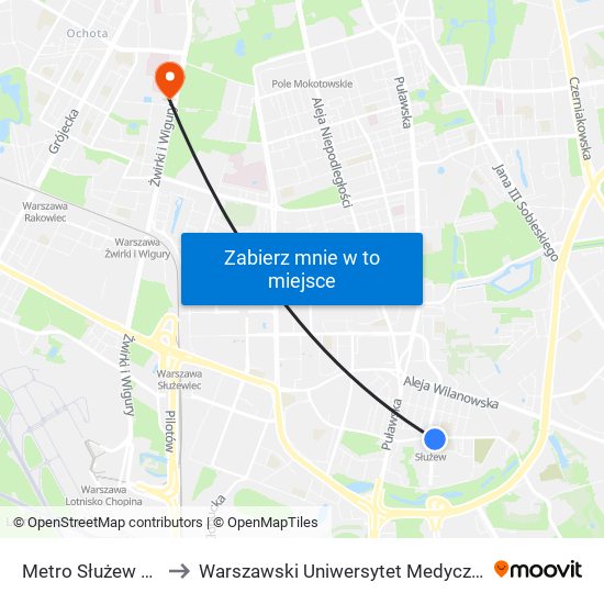 Metro Służew 01 to Warszawski Uniwersytet Medyczny map