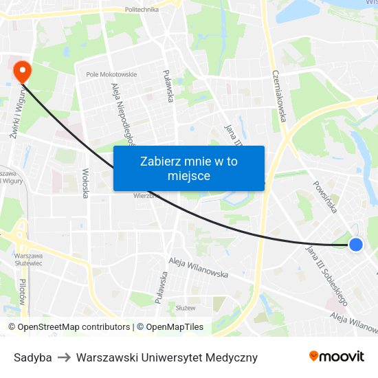 Sadyba to Warszawski Uniwersytet Medyczny map