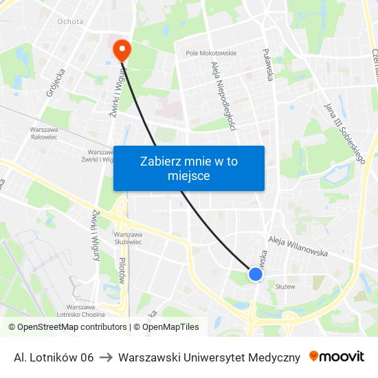 Al. Lotników 06 to Warszawski Uniwersytet Medyczny map