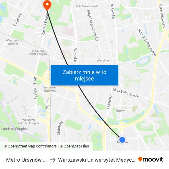 Metro Ursynów 01 to Warszawski Uniwersytet Medyczny map