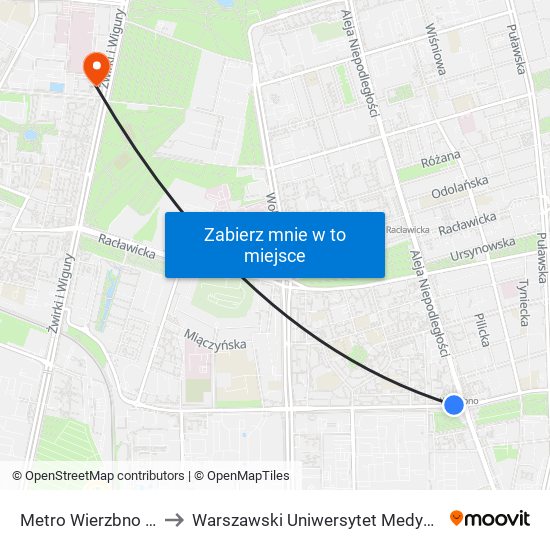 Metro Wierzbno 06 to Warszawski Uniwersytet Medyczny map