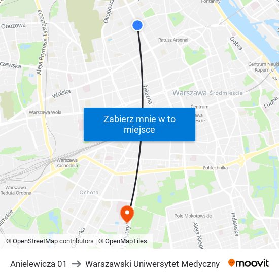Anielewicza to Warszawski Uniwersytet Medyczny map