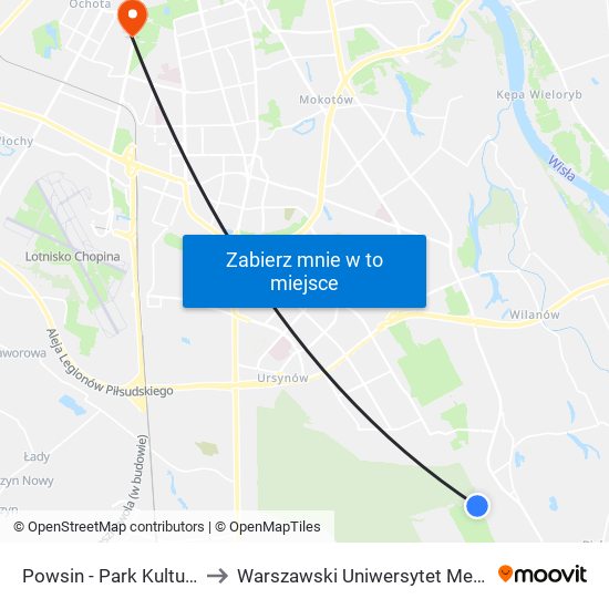 Powsin - Park Kultury 01 to Warszawski Uniwersytet Medyczny map