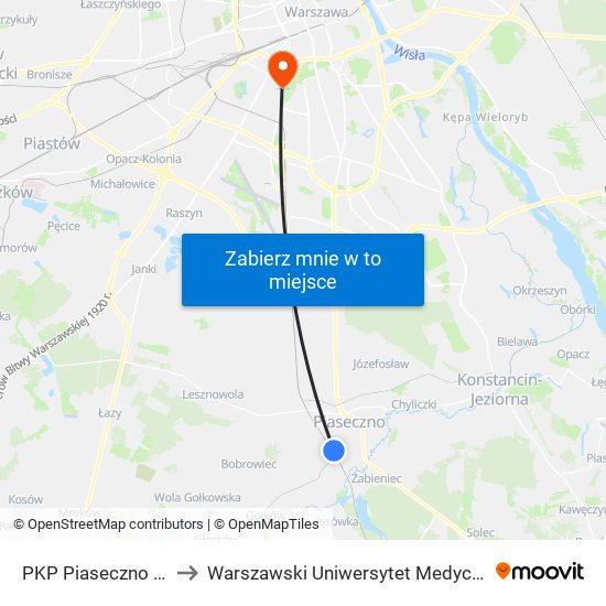 PKP Piaseczno 03 to Warszawski Uniwersytet Medyczny map