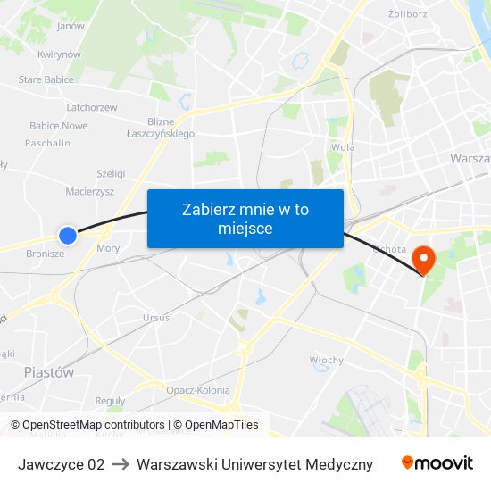 Jawczyce 02 to Warszawski Uniwersytet Medyczny map