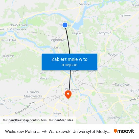Wieliszew Polna 01 to Warszawski Uniwersytet Medyczny map