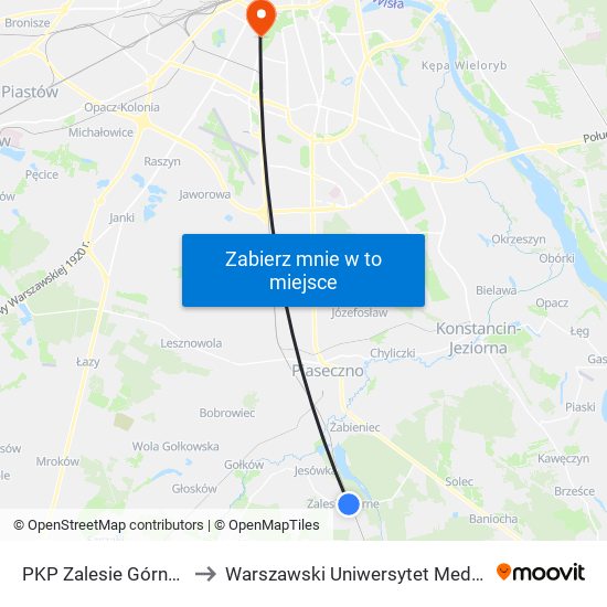 PKP Zalesie Górne to Warszawski Uniwersytet Medyczny map