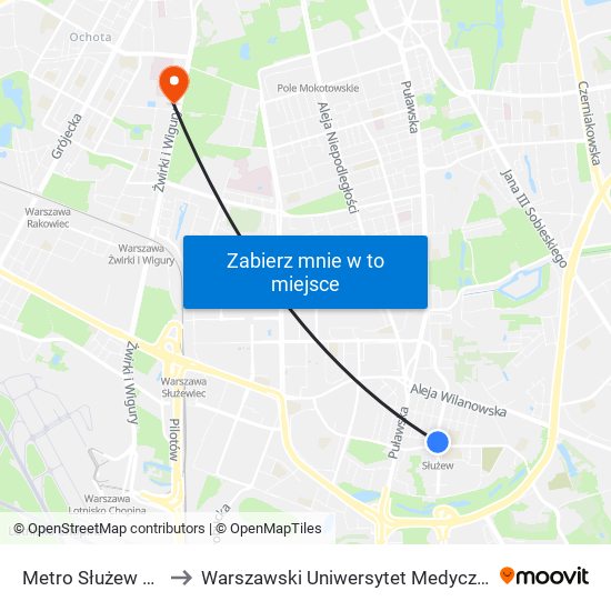 Metro Służew to Warszawski Uniwersytet Medyczny map