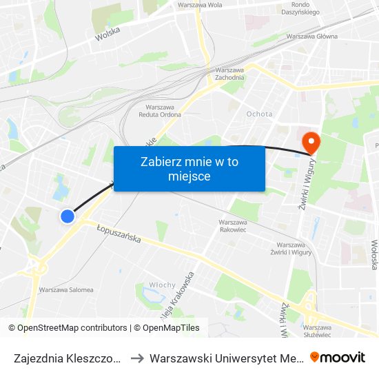 Zajezdnia Kleszczowa 01 to Warszawski Uniwersytet Medyczny map