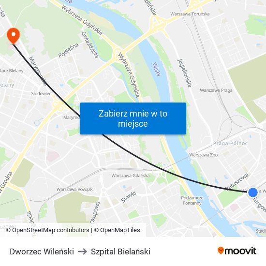 Dworzec Wileński to Szpital Bielański map