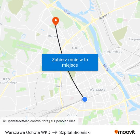 Warszawa Ochota WKD to Szpital Bielański map