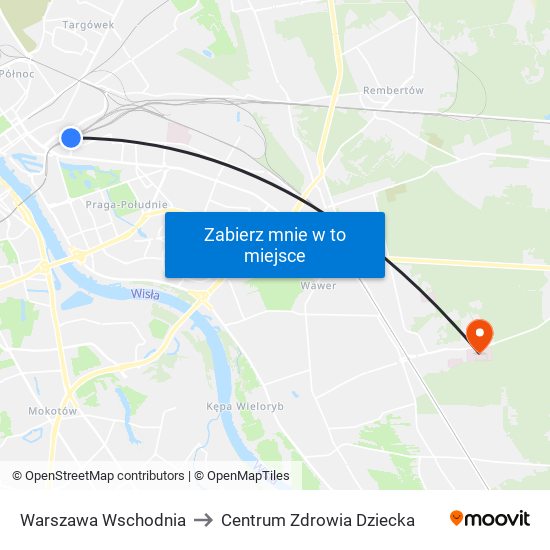 Warszawa Wschodnia to Centrum Zdrowia Dziecka map