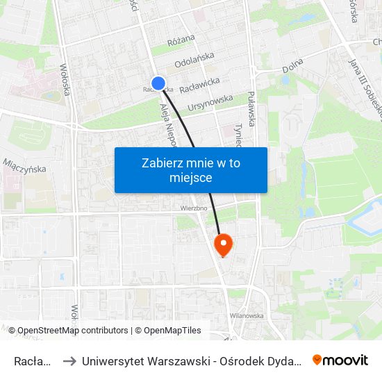 Racławicka to Uniwersytet Warszawski - Ośrodek Dydaktyczny Ksawerów map
