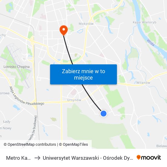 Metro Kabaty to Uniwersytet Warszawski - Ośrodek Dydaktyczny Ksawerów map