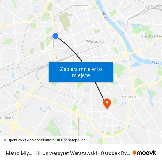 Metro Młynów 05 to Uniwersytet Warszawski - Ośrodek Dydaktyczny Ksawerów map