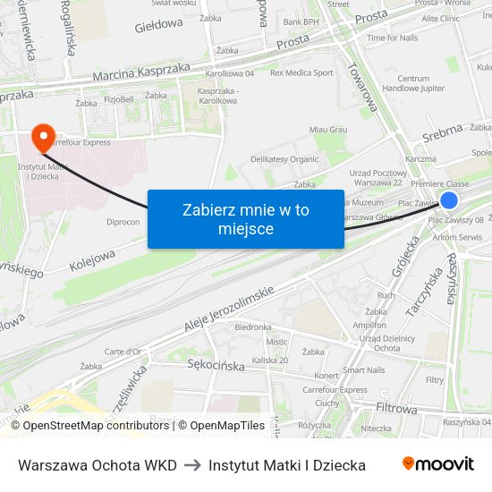 Warszawa Ochota WKD to Instytut Matki I Dziecka map