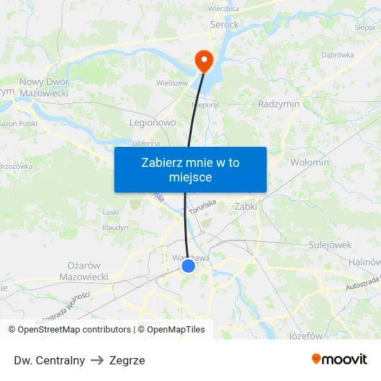 Dw. Centralny to Zegrze map