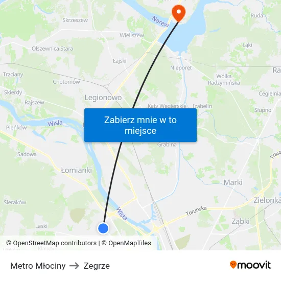 Metro Młociny to Zegrze map