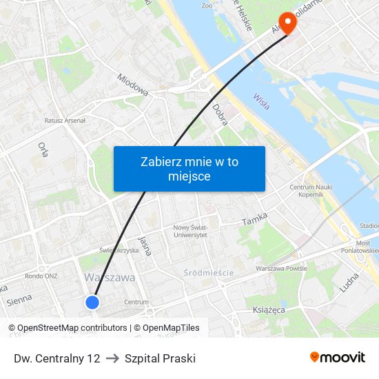 Dw. Centralny 12 to Szpital Praski map